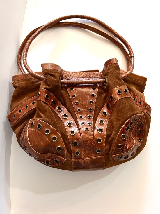 La Chic Handbags - La Chic Brown Suede & Leather Shoulder Bag with Grommet Detail